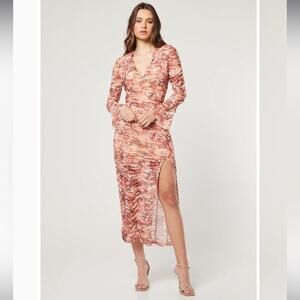 elliatt sunstone floral cream multi-colored ruched bell sleeve midi dress small